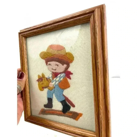 VTG 70's Little Boy Playing Crewel Embroidered Framed Wall Art 7"x 8" Western - Picture 4 of 8